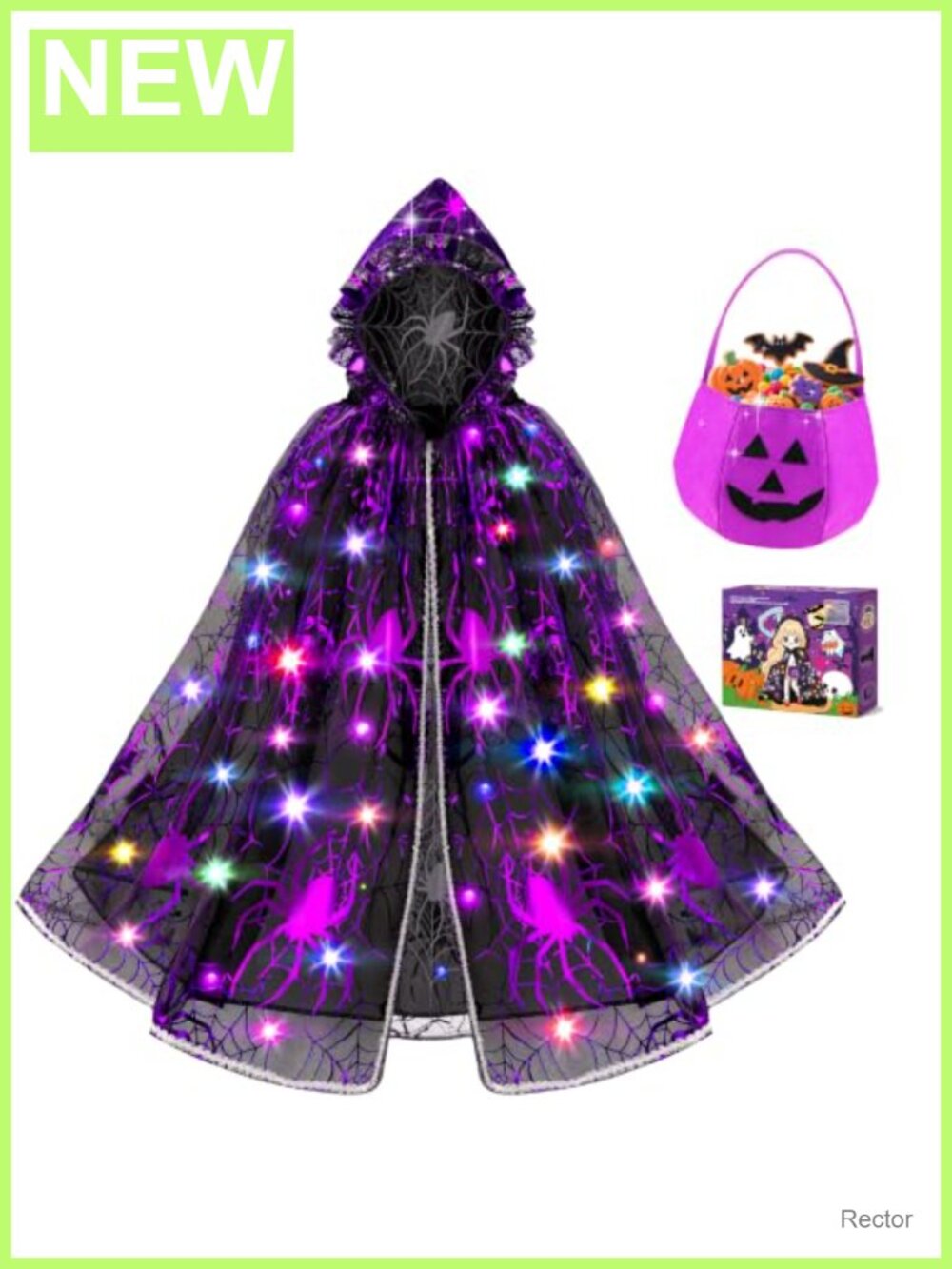 Light Up Witch Cape Halloween Costume Girls 3-6 with Trick or Treat Bag